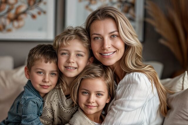 A MOTHER SITTING WITH HER KIDS IN A HAPPY MOOD