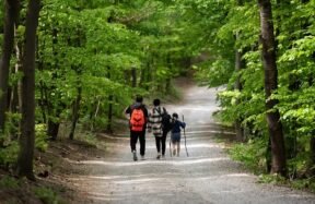 FATHER AND MOTHER ENJOYING HIKING WITH THEIR CHILD