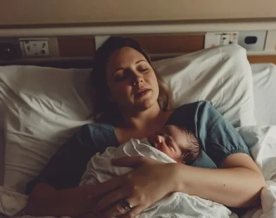 A mother in the hospital after giving birth to a baby.