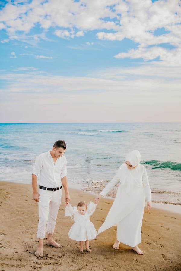 FATHER AND MOTHER ENJOYING SEA SITE WITH THEIR KID